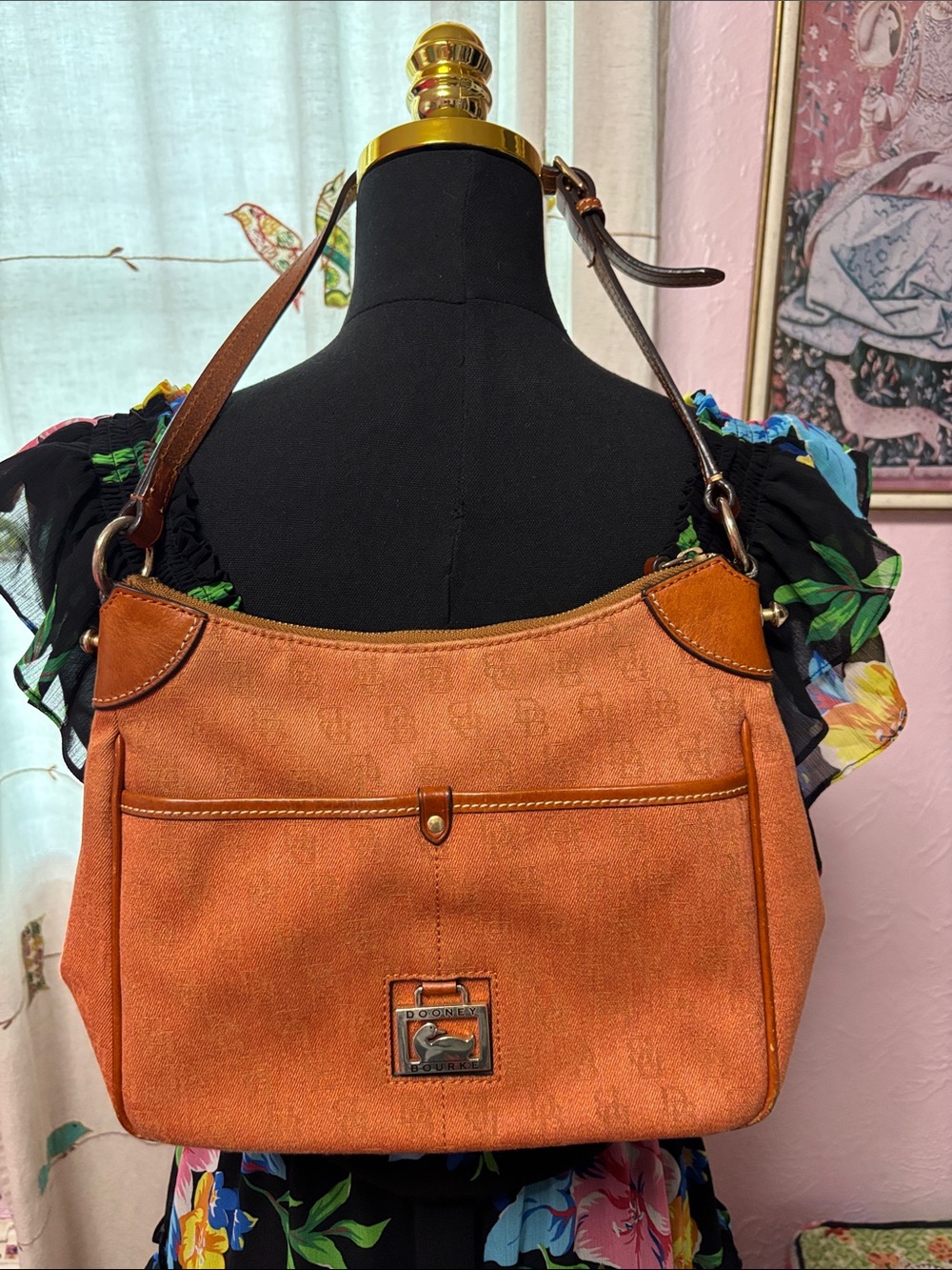 Dooney & Bourke Orange Canvas Shoulder Bag with Leather Trim